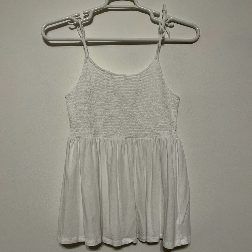 American Eagle Ruched Babydoll White Tie Strap Tank Top
